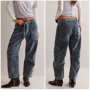 We The Free People Flocked Moxie Pull On Barrel Jeans in Mountain Green Baggy